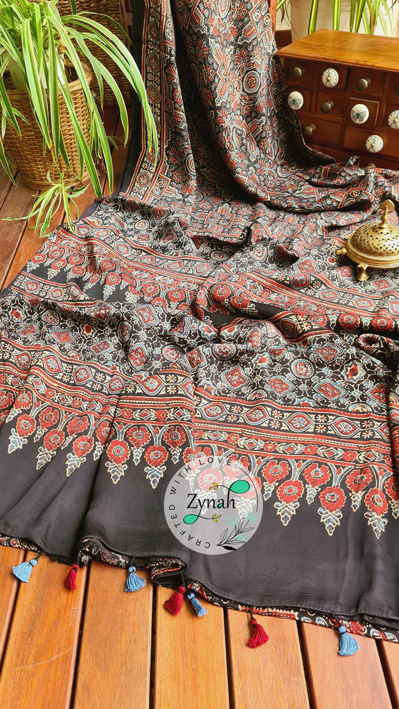 Zynah Pure Modal Silk Ajrakh Saree with Handblock Prints; Custom Stitched/Ready-made Blouse, Fall, Petticoat; Shipping available USA, Worldwide