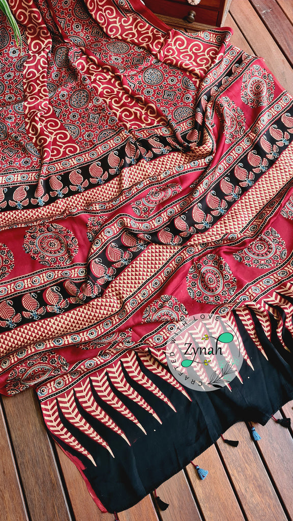 Zynah Pure Modal Silk Ajrakh Saree with Handblock Prints; Custom Stitched/Ready-made Blouse, Fall, Petticoat; Shipping available USA, Worldwide