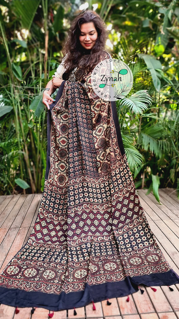Zynah Pure Modal Silk Ajrakh Saree with Handblock Prints; Custom Stitched/Ready-made Blouse, Fall, Petticoat; Shipping available USA, Worldwide