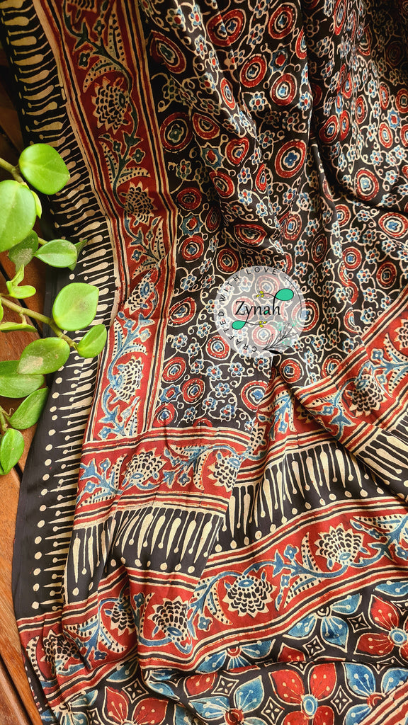 Zynah Pure Modal Silk Ajrakh Saree with Handblock Prints; Custom Stitched/Ready-made Blouse, Fall, Petticoat; Shipping available USA, Worldwide