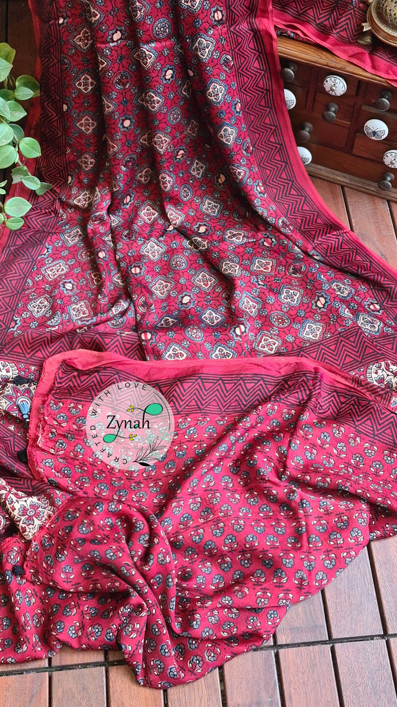 Zynah Pure Modal Silk Ajrakh Saree with Handblock Prints; Custom Stitched/Ready-made Blouse, Fall, Petticoat; Shipping available USA, Worldwide
