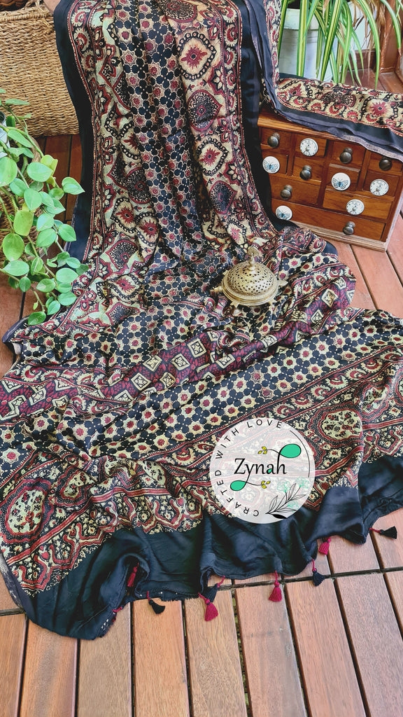 Zynah Pure Modal Silk Ajrakh Saree with Handblock Prints; Custom Stitched/Ready-made Blouse, Fall, Petticoat; Shipping available USA, Worldwide