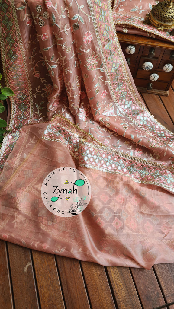Zynah Pure Organza Silk Saree with Gotapatti Lace, Foil & Thread Embroidery Work; Custom Stitched/Ready-made Blouse, Fall, Petticoat; Shipping available USA, Worldwide