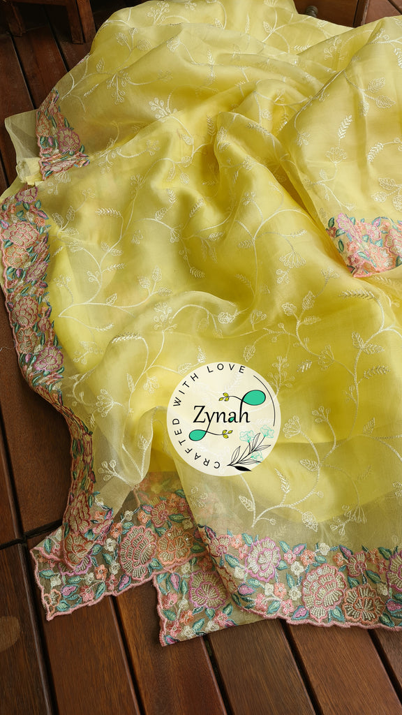 Zynah Pure Organza Silk Saree with Scalloped Border, Thread Embroidery & Sequence Work; Custom Stitched/Ready-made Blouse, Fall, Petticoat; Shipping available USA, Worldwide