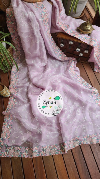 Zynah Pure Organza Silk Saree with Scalloped Border, Thread Embroidery & Sequence Work; Custom Stitched/Ready-made Blouse, Fall, Petticoat; Shipping available USA, Worldwide