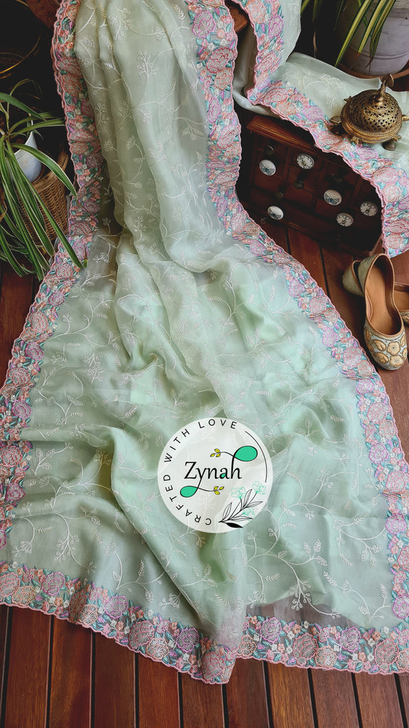 Zynah Pure Organza Silk Saree with Scalloped Border, Thread Embroidery & Sequence Work; Custom Stitched/Ready-made Blouse, Fall, Petticoat; Shipping available USA, Worldwide