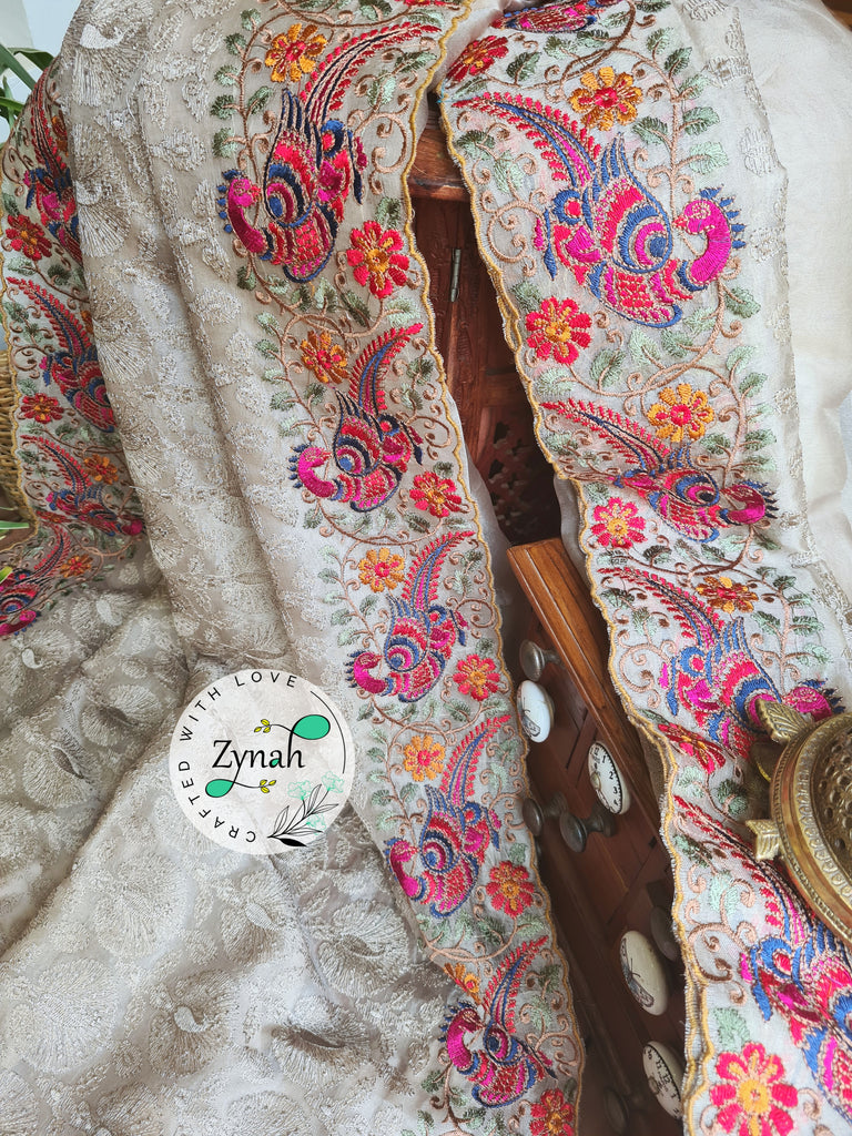 Zynah Designer Pure Kora Silk Saree with Scalloped Border & Thread Embroidery; Custom Stitched/Ready-made Blouse, Fall, Petticoat; Shipping available USA, Worldwide