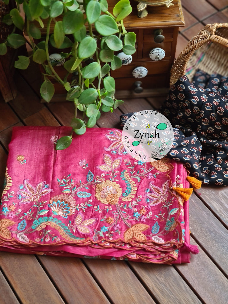 Zynah Pure Tussar Silk Embroidered Saree with Scalloped Border & 2 blouse pieces; Custom Stitched/Ready-made Blouse, Fall, Petticoat; Shipping available USA, Worldwide