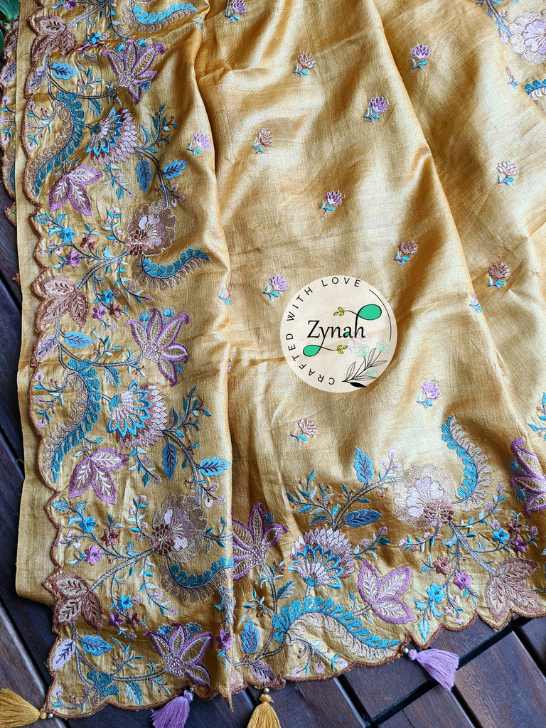 Zynah Pure Tussar Silk Embroidered Saree with Scalloped Border & 2 blouse pieces; Custom Stitched/Ready-made Blouse, Fall, Petticoat; Shipping available USA, Worldwide