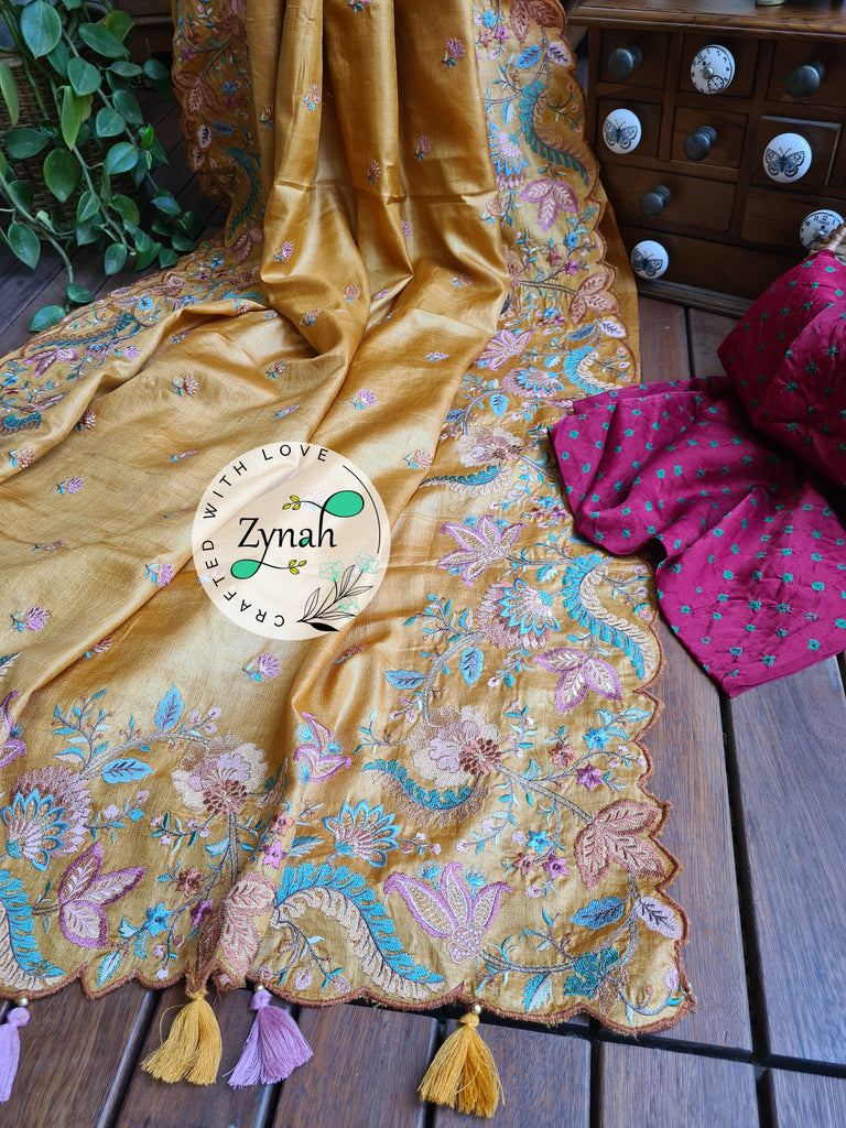 Zynah Pure Tussar Silk Embroidered Saree with Scalloped Border & 2 blouse pieces; Custom Stitched/Ready-made Blouse, Fall, Petticoat; Shipping available USA, Worldwide