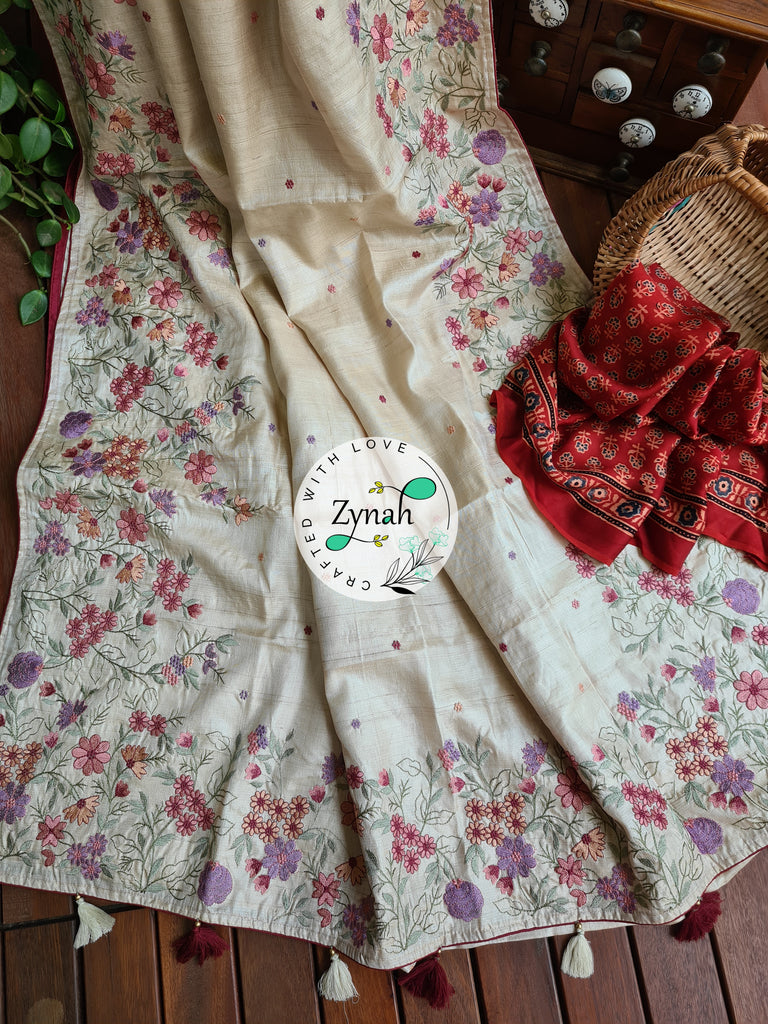Zynah Pure Tussar Silk Embroidered Saree with 2 blouse pieces; Custom Stitched/Ready-made Blouse, Fall, Petticoat; Shipping available USA, Worldwide