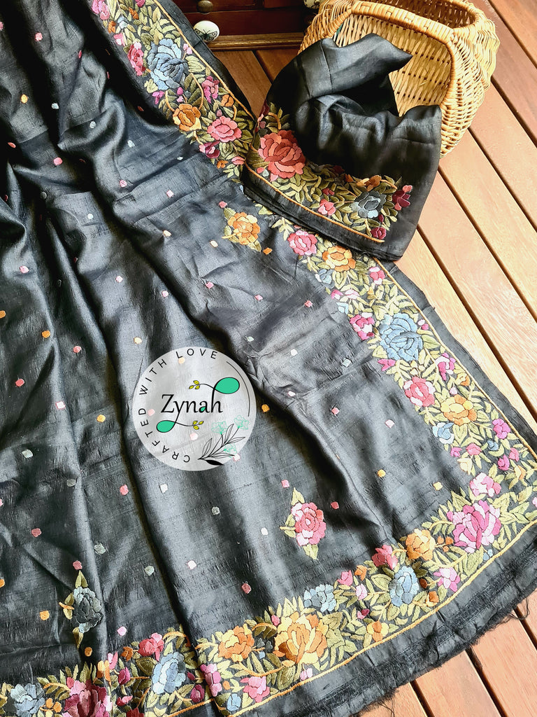 Zynah Made to Order Pure Tussar Silk Parsi Gara Handcrafted Saree; Custom Stitched/Ready-made Blouse, Fall, Petticoat; Shipping available USA, Worldwide