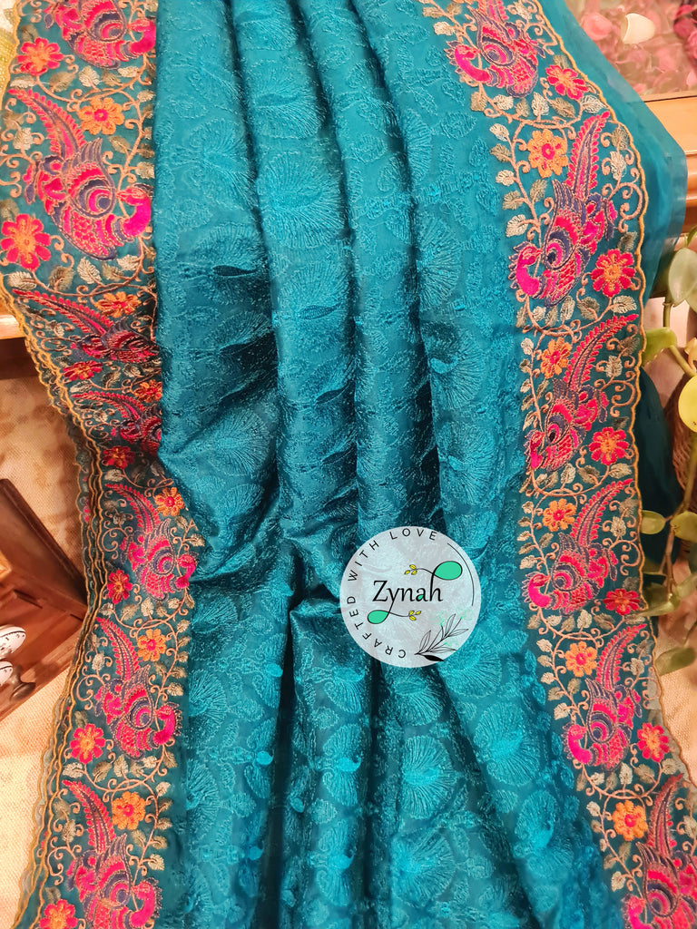 Zynah Designer Pure Kora Silk Saree with Scalloped Border & Thread Embroidery; Custom Stitched/Ready-made Blouse, Fall, Petticoat; Shipping available USA, Worldwide