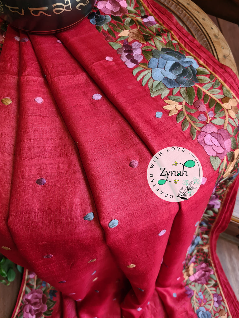Zynah Made to Order Pure Tussar Silk Parsi Gara Handcrafted Saree; Custom Stitched/Ready-made Blouse, Fall, Petticoat; Shipping available USA, Worldwide