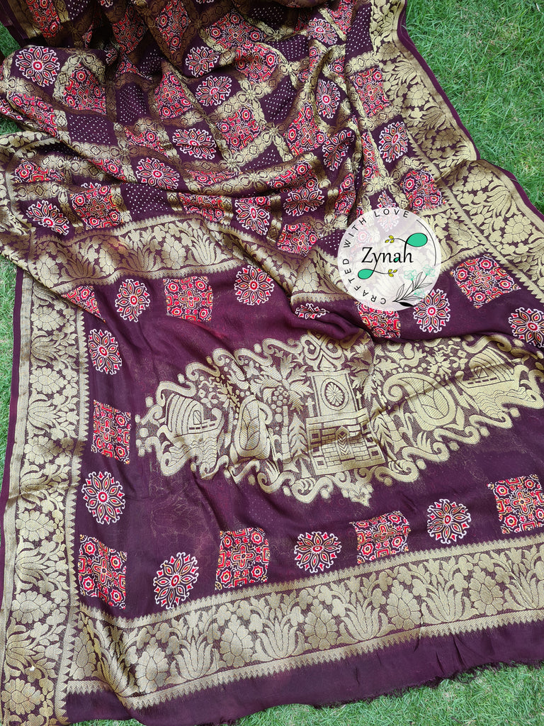 Zynah Pure Munga Silk Saree with Ajrakh Prints & Gharchola Zari Weave; Custom Stitched/Ready-made Blouse, Fall, Petticoat; Shipping available USA, Worldwide