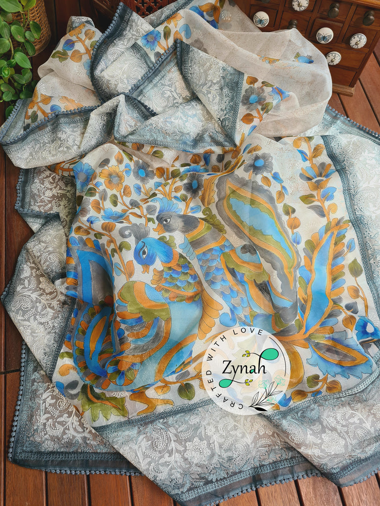 Zynah Premium Quality Pure Kora Silk Saree with Hand-painted Kalamkari Designs, Chikankari Embroidery; Custom Stitched/Ready-made Blouse, Fall, Petticoat; Shipping available USA, Worldwide