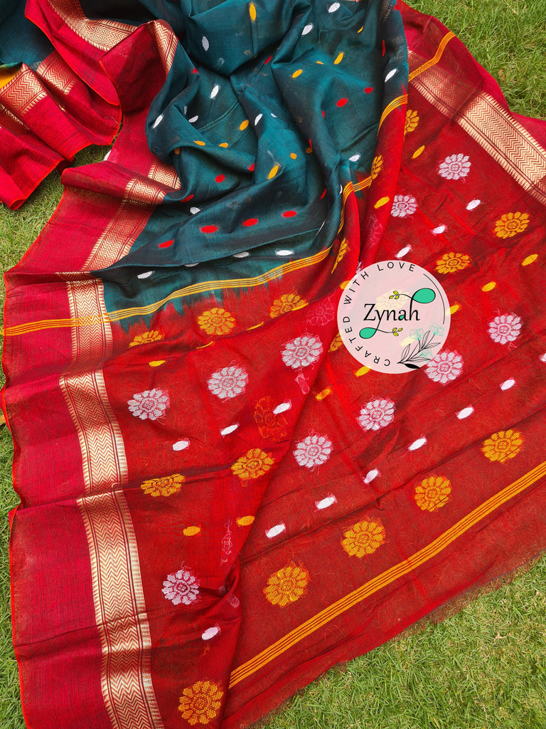 Zynah Green & Red Color Pure Handspun Cotton Saree with Zari Weave Border; Custom Stitched/Ready-made Blouse, Fall, Petticoat; Shipping available USA, Worldwide
