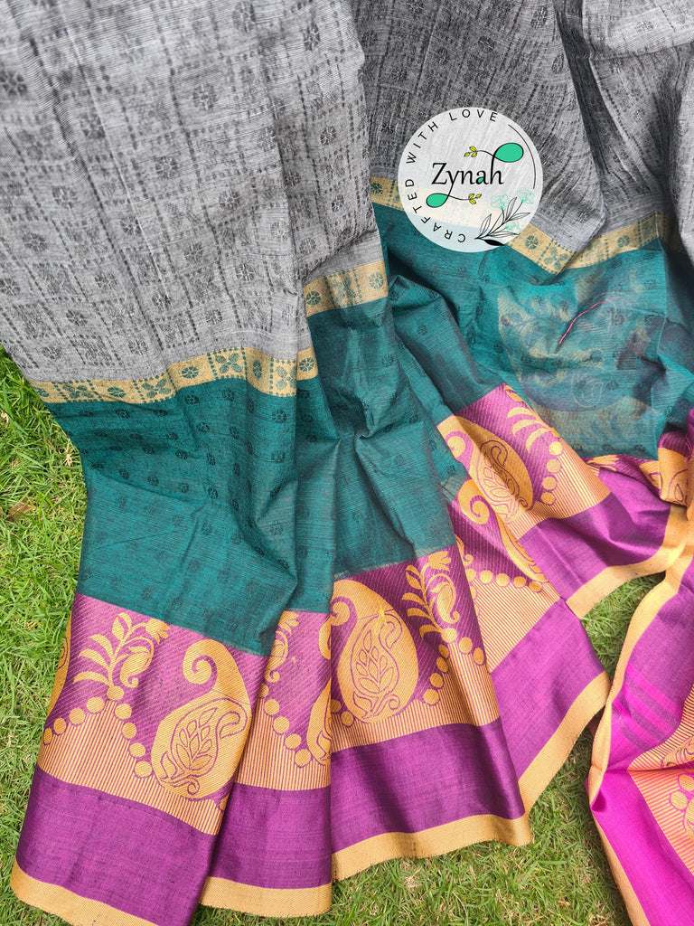 Zynah Grey Color Pure Handspun Cotton Saree with Zari Weave Border; Custom Stitched/Ready-made Blouse, Fall, Petticoat; Shipping available USA, Worldwide