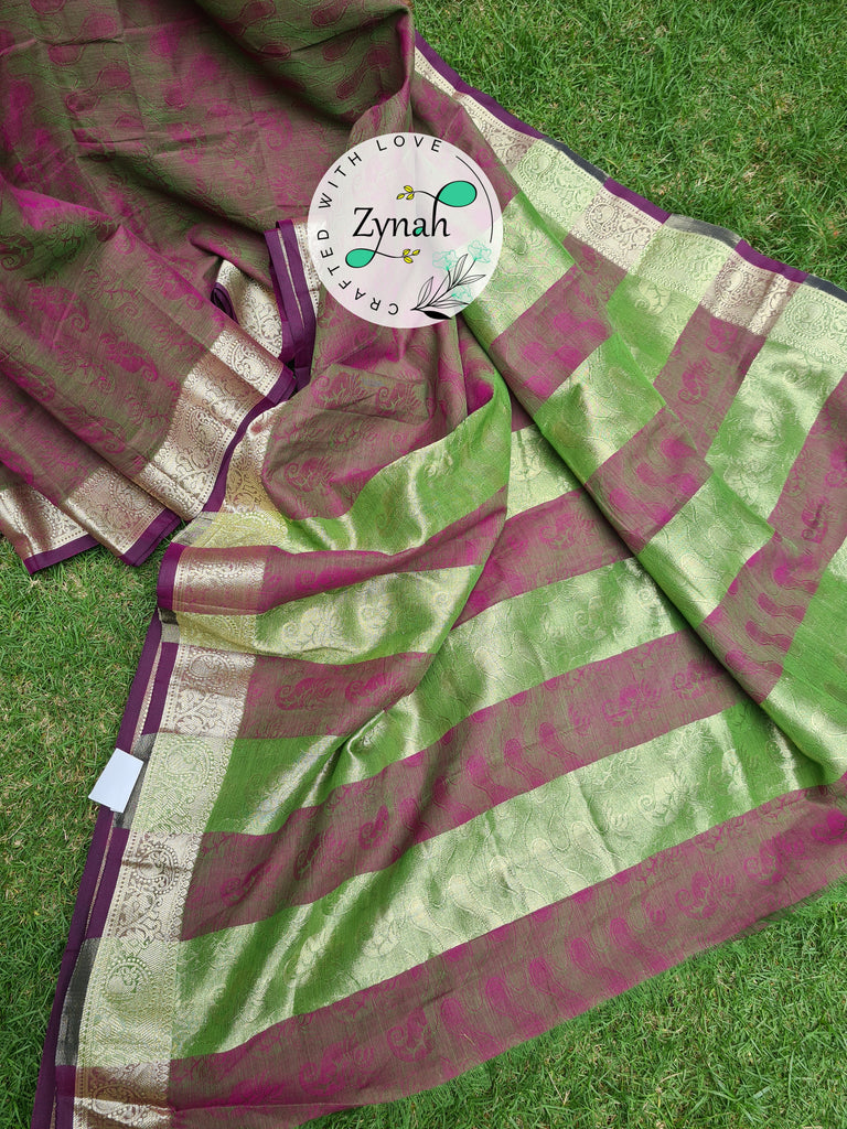Zynah Violet Color Pure Handspun Cotton Saree with Zari Weave Border; Custom Stitched/Ready-made Blouse, Fall, Petticoat; Shipping available USA, Worldwide