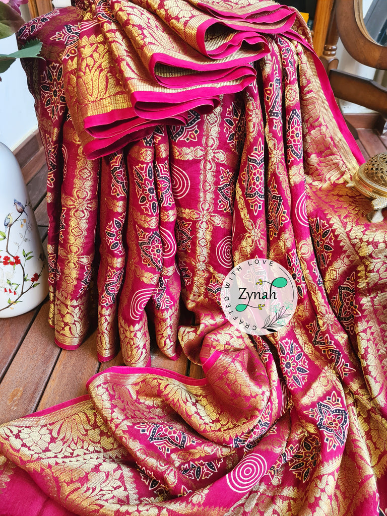 Zynah Pure Munga Silk Saree with Ajrakh Prints & Gharchola Zari Weave; Custom Stitched/Ready-made Blouse, Fall, Petticoat; Shipping available USA, Worldwide