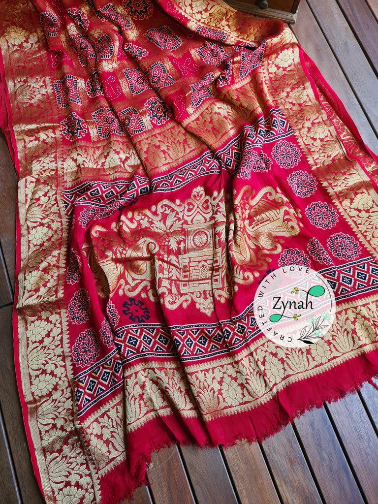 Zynah Pure Munga Silk Saree with Ajrakh Prints & Gharchola Zari Weave; Custom Stitched/Ready-made Blouse, Fall, Petticoat; Shipping available USA, Worldwide