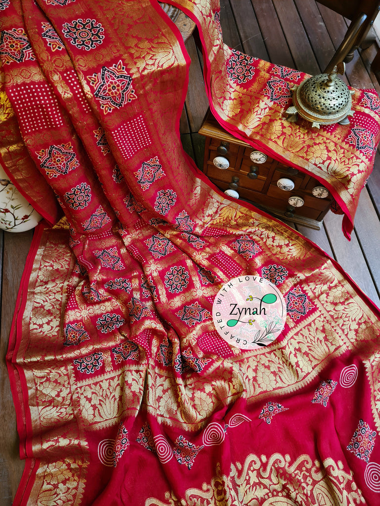 Zynah Pure Munga Silk Saree with Ajrakh Prints & Gharchola Zari Weave; Custom Stitched/Ready-made Blouse, Fall, Petticoat; Shipping available USA, Worldwide