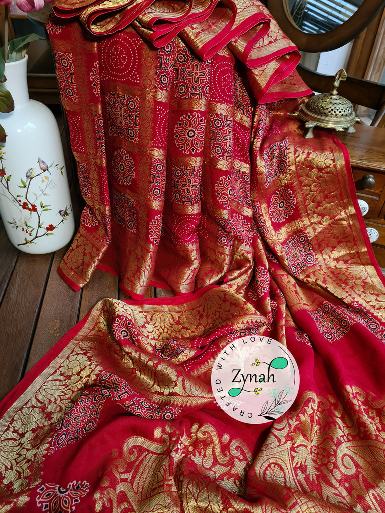 Zynah Pure Munga Silk Saree with Ajrakh Prints & Gharchola Zari Weave; Custom Stitched/Ready-made Blouse, Fall, Petticoat; Shipping available USA, Worldwide