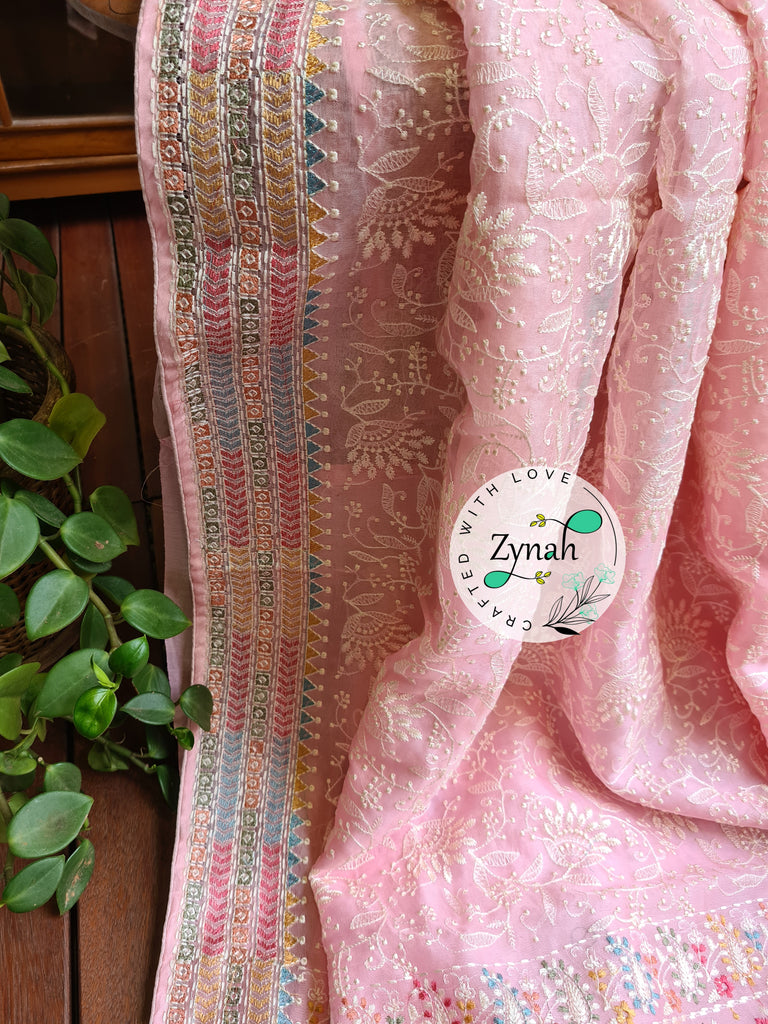 Zynah Pure Organza Silk Saree with Kantha Style Embroidery; Custom Stitched/Ready-made Blouse, Fall, Petticoat; Shipping available USA, Worldwide