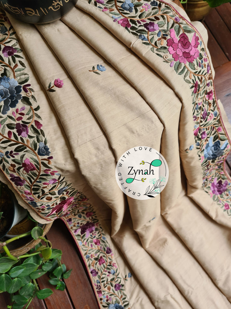 Zynah Beige Color Pure Tussar Silk Parsi Gara Handcrafted Saree; Custom Stitched/Ready-made Blouse, Fall, Petticoat; Shipping available USA, Worldwide