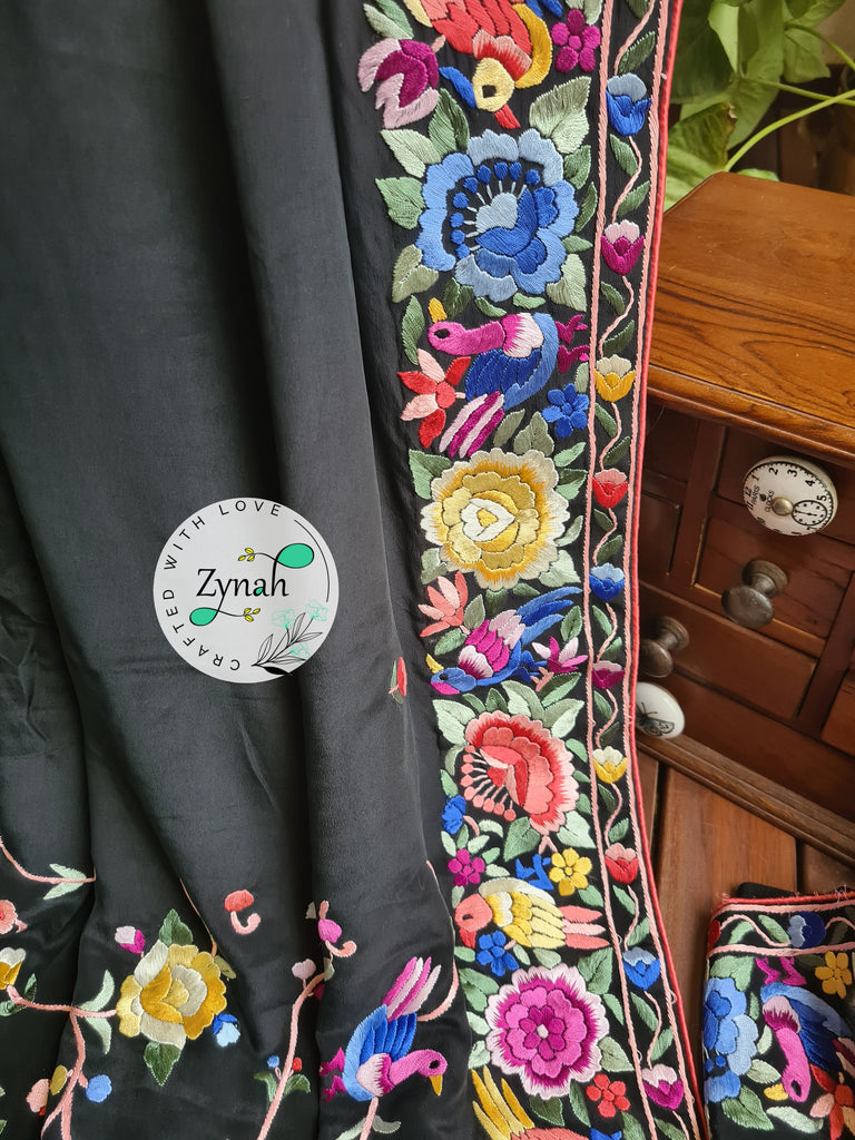 Zynah Black Color Pure Crepe Silk Parsi Gara Handcrafted Saree; Custom Stitched/Ready-made Blouse, Fall, Petticoat; Shipping available USA, Worldwide