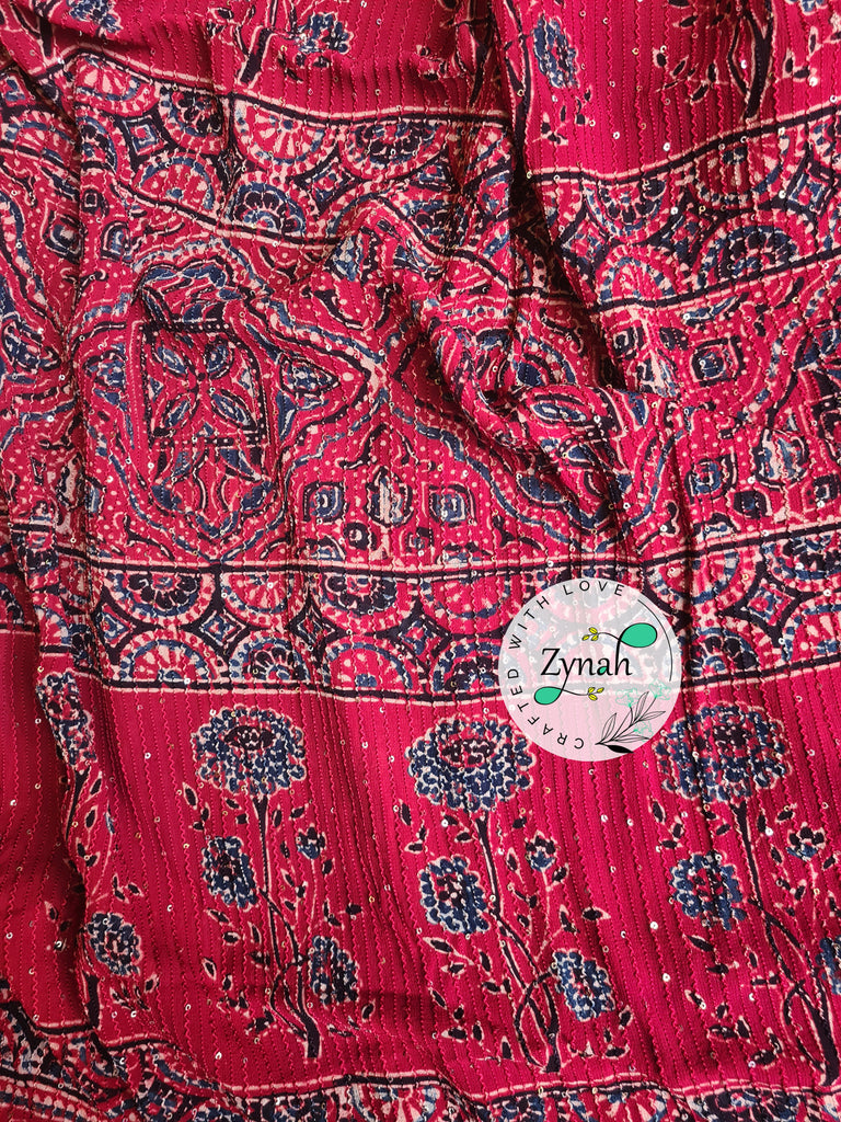 Zynah Black & Red Color Pure Georgette Sequence Work Saree with Ajrakh Handblock Prints; Custom Stitched/Ready-made Blouse, Fall, Petticoat; Shipping available USA, Worldwide