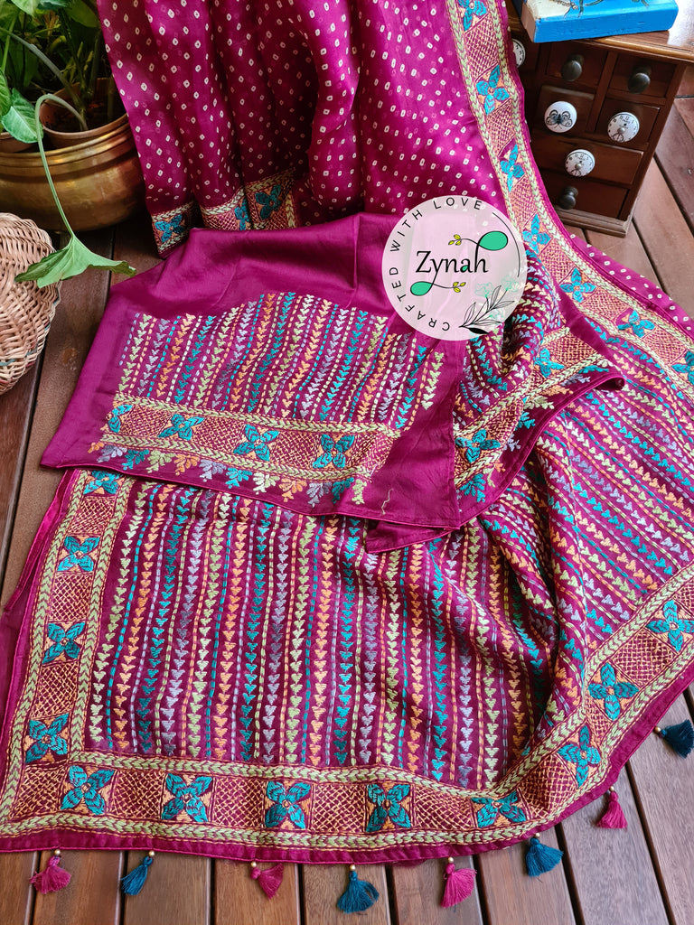 Zynah Pink Color Pure Organza Silk Saree with Bandhani Prints & Kantha Embroidery; Custom Stitched/Ready-made Blouse, Fall, Petticoat; Shipping available USA, Worldwide