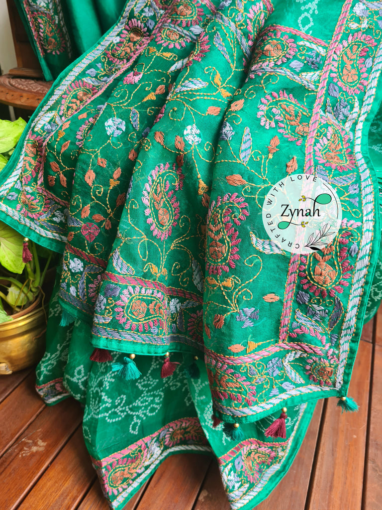 Zynah Green Color Pure Organza Silk Saree with Bandhani Prints & Kantha Embroidery; Custom Stitched/Ready-made Blouse, Fall, Petticoat; Shipping available USA, Worldwide