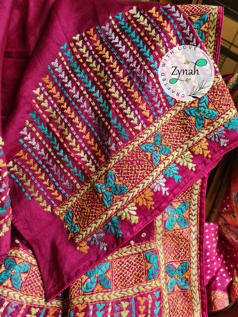 Zynah Pink Color Pure Organza Silk Saree with Bandhani Prints & Kantha Embroidery; Custom Stitched/Ready-made Blouse, Fall, Petticoat; Shipping available USA, Worldwide