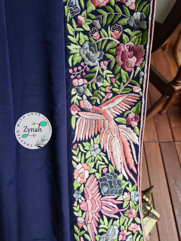 Zynah Blue Color Made to Order Pure Crepe Silk Parsi Gara Handcrafted Saree; Custom Stitched/Ready-made Blouse, Fall, Petticoat; Shipping available USA, Worldwide