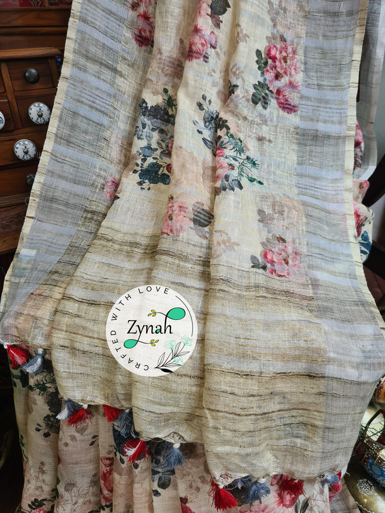 Zynah Off-white Color Organic Pure Linen by Linen(120c) Saree with Digital Floral Prints & Zari Border; Custom Stitched/Ready-made Blouse, Fall, Petticoat; Shipping available USA, Worldwide