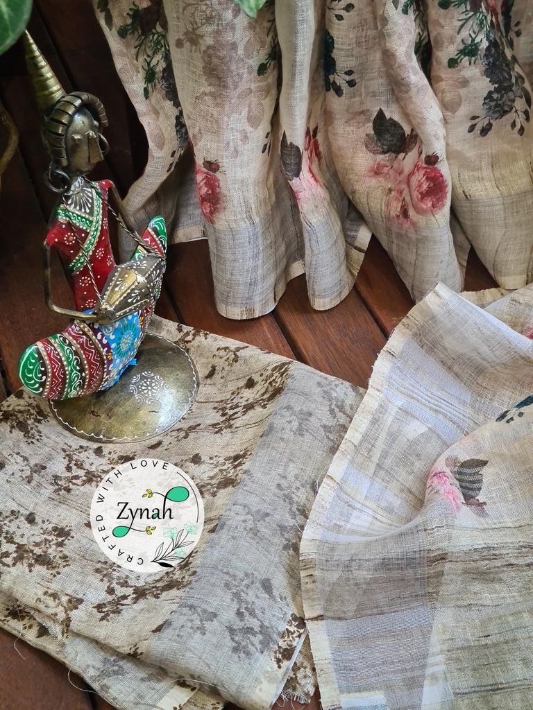 Zynah Off-white Color Organic Pure Linen by Linen(120c) Saree with Digital Floral Prints & Zari Border; Custom Stitched/Ready-made Blouse, Fall, Petticoat; Shipping available USA, Worldwide