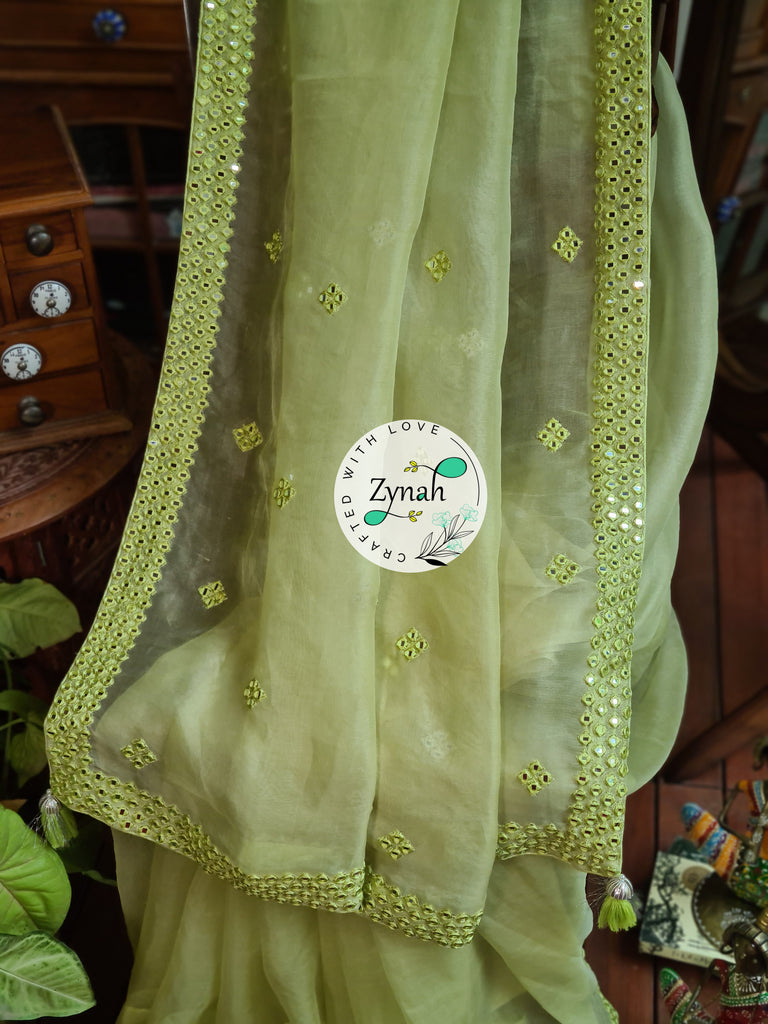 Zynah Green Color Pure Organza Silk Saree with Mirror Kutchi Work; Custom Stitched/Ready-made Blouse, Fall, Petticoat; Shipping available USA, Worldwide
