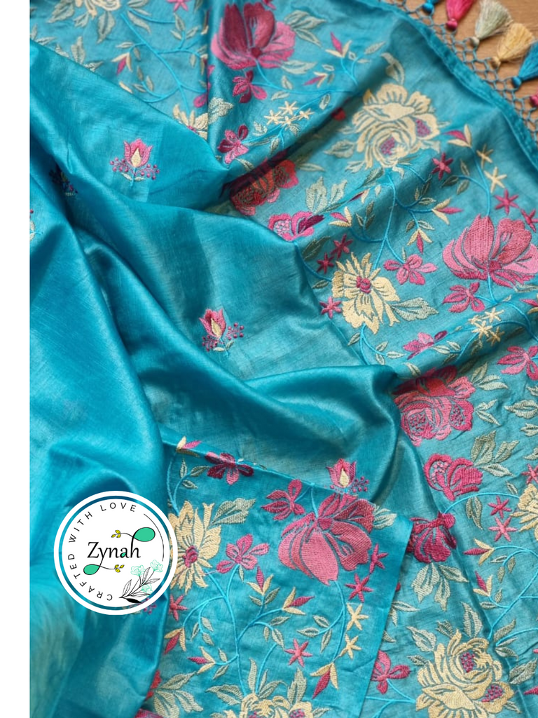 Zynah Blue Color Pure Tussar Silk Embroidered Saree with Vibrant Tassels; Custom Stitched/Ready-made Blouse, Fall, Petticoat; Shipping available USA, Worldwide