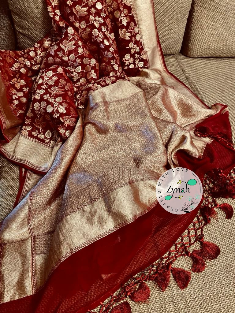 Zynah Pure Khaddi Georgette Saree with Floral Jaal; Custom Stitched/Ready-made Blouse, Fall, Petticoat; Shipping available USA, Worldwide