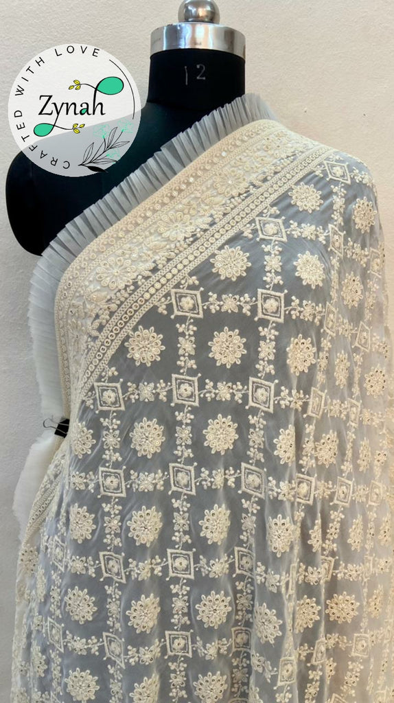 Zynah Pure Georgette Chikankari Saree with Cut-work border; Custom Stitched/Ready-made Blouse, Fall, Petticoat; Shipping available USA, Worldwide