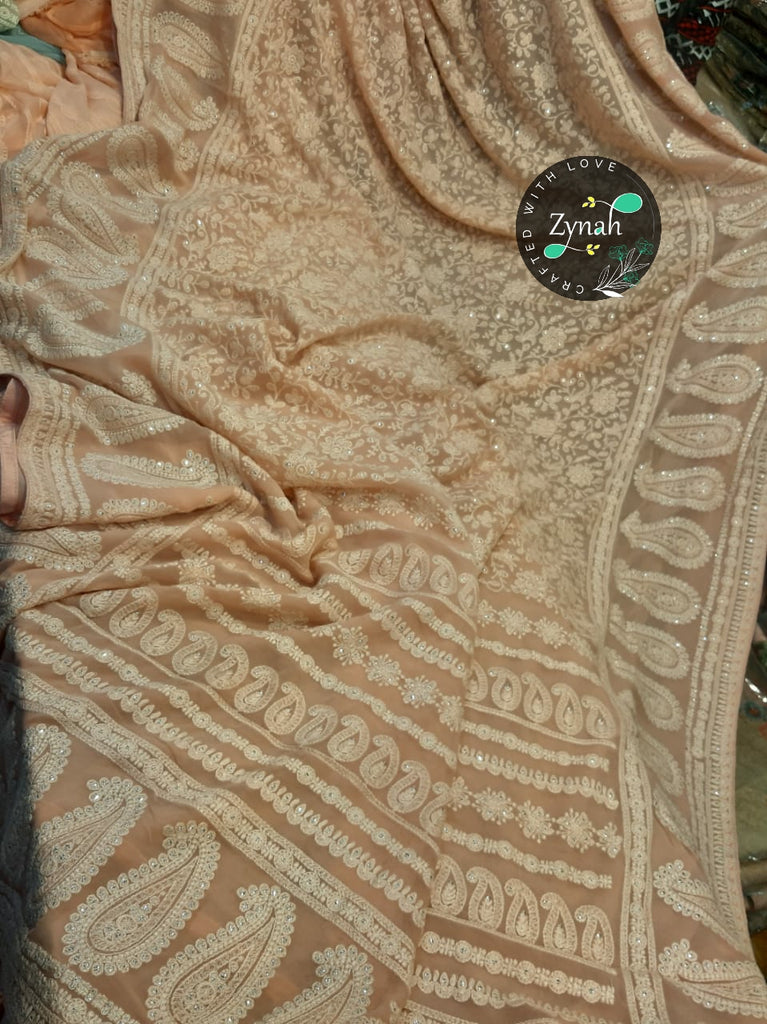 Zynah Pure Georgette Chikankari Saree with Sequence Work; Custom Stitched/Ready-made Blouse, Fall, Petticoat; Shipping available USA, Worldwide