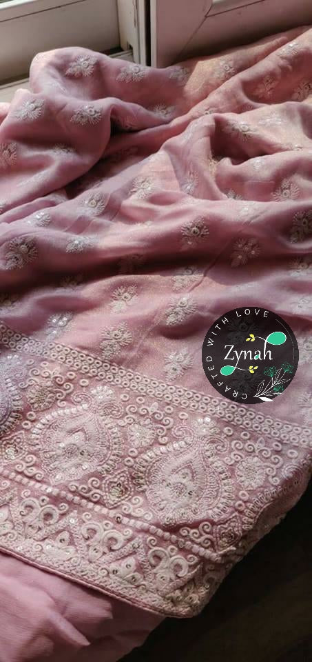 Zynah Pure Georgette Saree with Chikankari & Sequence work; Custom Stitched/Ready-made Blouse, Fall, Petticoat; Shipping available USA, Worldwide