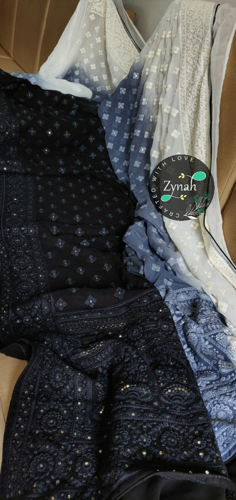 Zynah Pure Georgette Double-shaded Chikankari Saree with Sequence work; Custom Stitched/Ready-made Blouse, Fall, Petticoat; Shipping available USA, Worldwide