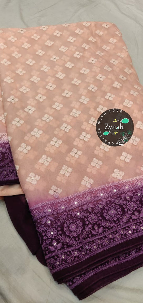 Zynah Pure Georgette Double-shaded Chikankari Saree with Sequence work; Custom Stitched/Ready-made Blouse, Fall, Petticoat; Shipping available USA, Worldwide