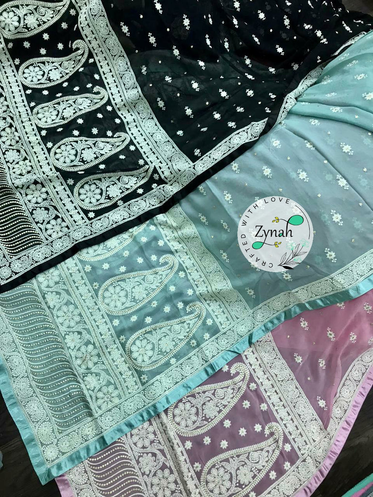 Zynah Pure Georgette Chikankari Saree with Sequence work; Custom Stitched/Ready-made Blouse, Fall, Petticoat; Shipping available USA, Worldwide