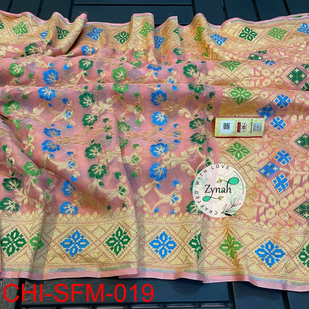 Zynah Pure Khaddi Georgette Meenakari Saree with Golden Zari Weave; Custom Stitched/Ready-made Blouse, Fall, Petticoat; Shipping available USA, Worldwide