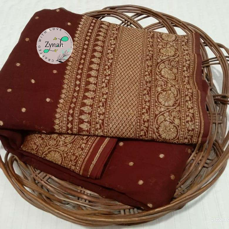 Zynah Pure Khaddi Georgette Saree with Golden Zari Weave; Custom Stitched/Ready-made Blouse, Fall, Petticoat; Shipping available USA, Worldwide