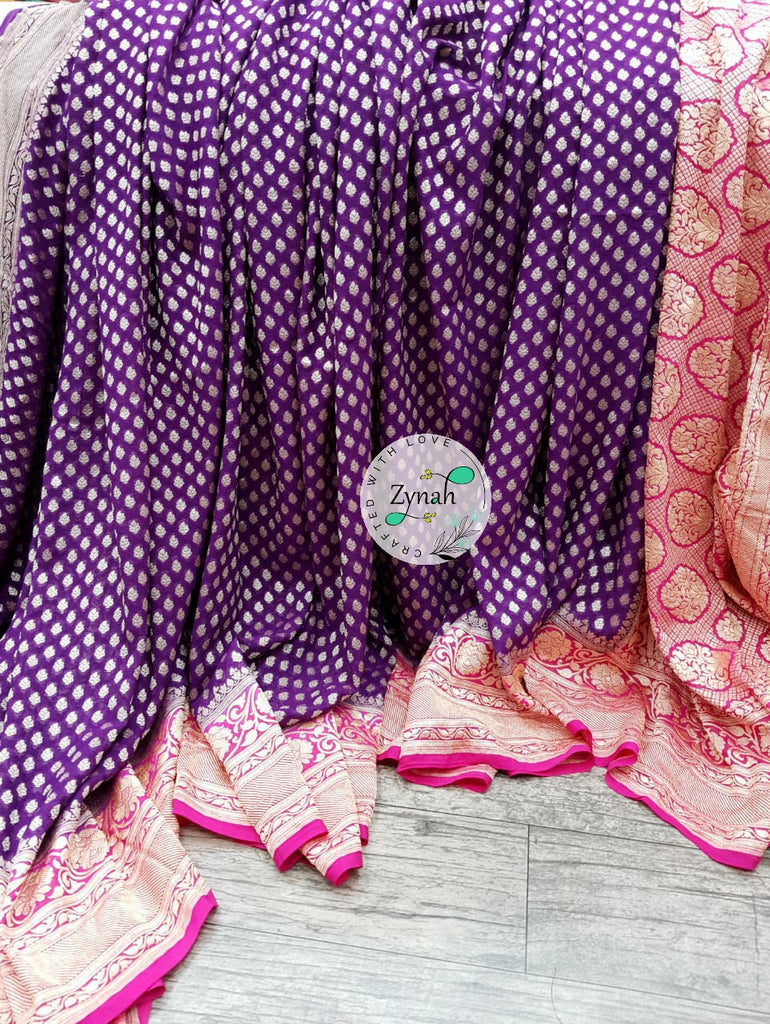 Zynah Pure Khaddi Georgette Saree with Golden Zari Weave; Custom Stitched/Ready-made Blouse, Fall, Petticoat; Shipping available USA, Worldwide