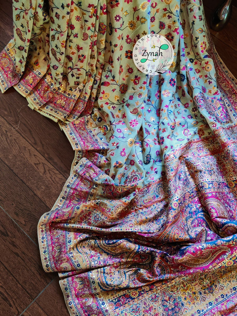 Zynah Pure Kani Silk Cotton Saree with Grand Pallu & Jaal woven body; Custom Stitched/Ready-made Blouse, Fall, Petticoat; Shipping available USA, Worldwide